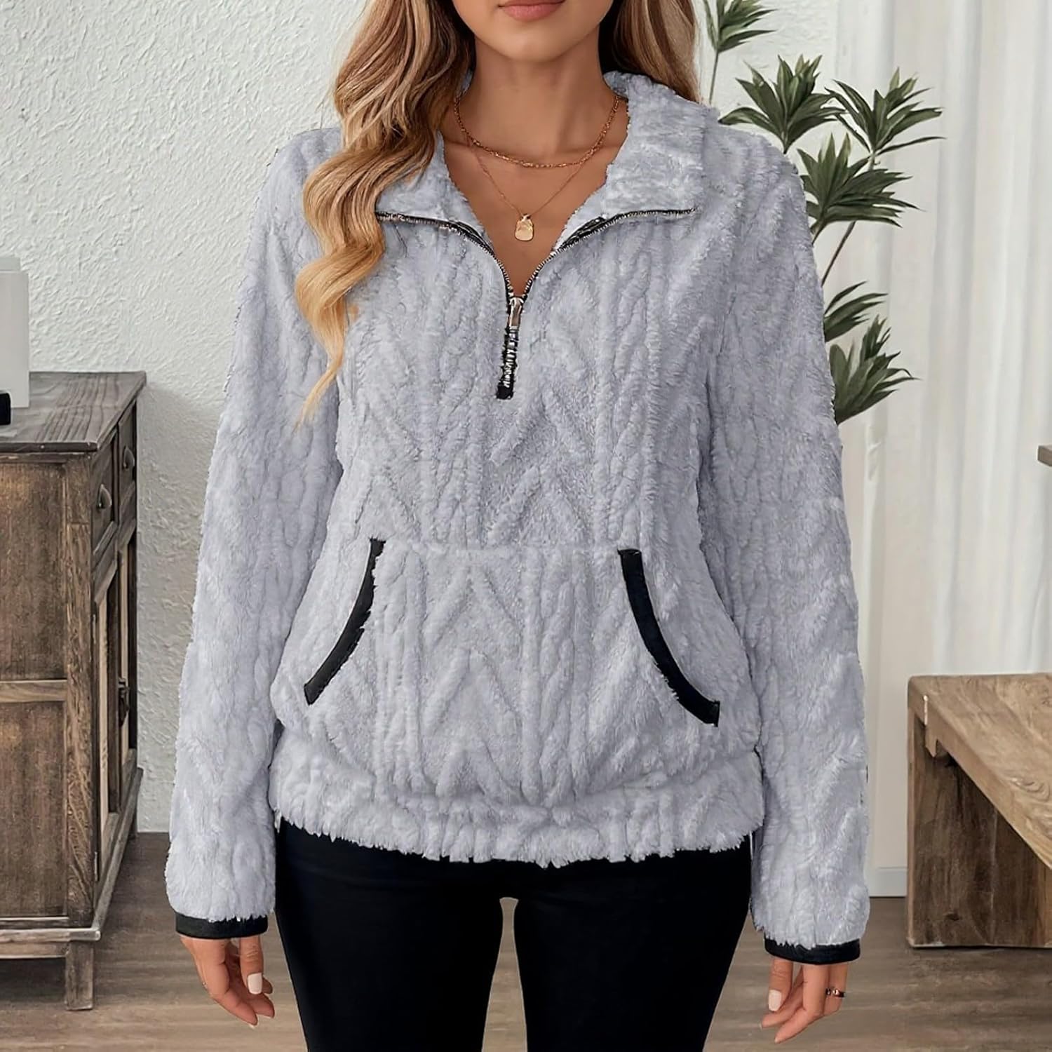 Quarter Zip Pullover Women Cable Fuzzy Fleece Pullover Sherpa Fall Warm Oversized 3/4 Zip Sweatshirt with Pocket - Image 4