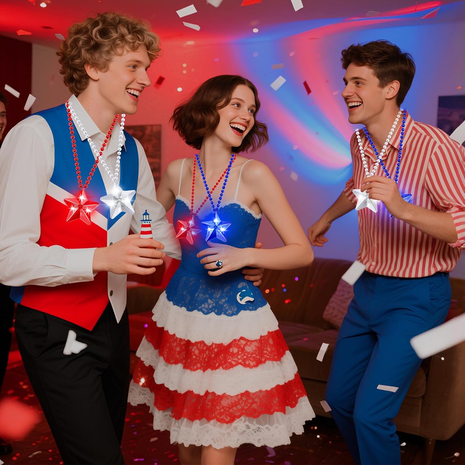 TURNMEON 9 Pack 250th Anniversary 4th of July Party Favor Light Up Necklaces Patriotic Red White Blue Party Accessories Fourth July American Stars Beads Necklaces Adults Independence Day Supplies