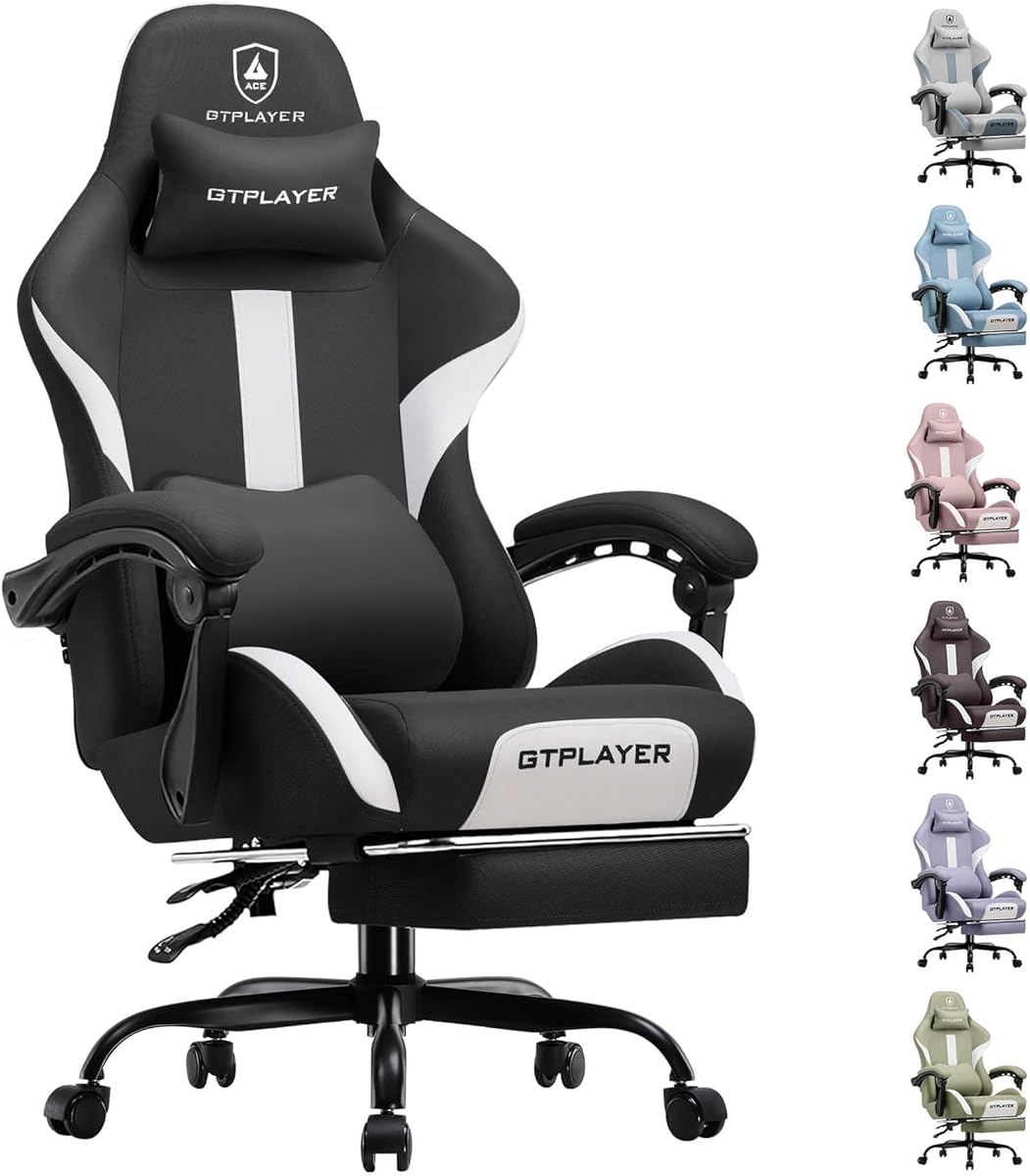 GTPLAYER Gaming Chair with Foot Rest & Pocket Spring Cushion, Breathable Fabric for Home Office Desk, Ergonomic High Back Computer Chair with Headrest & Lumbar Support, Black