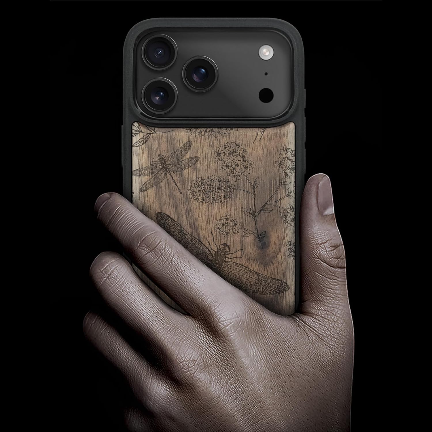 Carveit Magnetic Wooden Case for iPhone 17 Pro Case, Wood Artisan Engraved & Black Soft TPU Shockproof Cover, Compatible with MagSafe Wireless Chargers (The Dragonfly Dance) Walnut