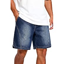 Heyfanee Mens Baggy Jorts Y2K Loose Fit 7 Inch Inseam Hip Hop | Elastic Waist Drawstring, Vinatge Wash Graphic Bermuda Skate Jean Shorts with Side Slit Hem, Diagonal Seams