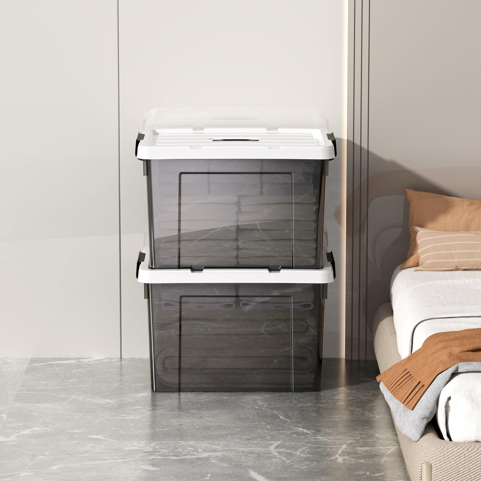 Cetomo 45L*6 Scatole di Stoccaggio in Plastica, Scatole Portaoggetti con Coperchio, Organizzatore con Manico, Contenitori per Casa e Ufficio, Impilabile, Resistente, Blu, 45L - Confezione da 6