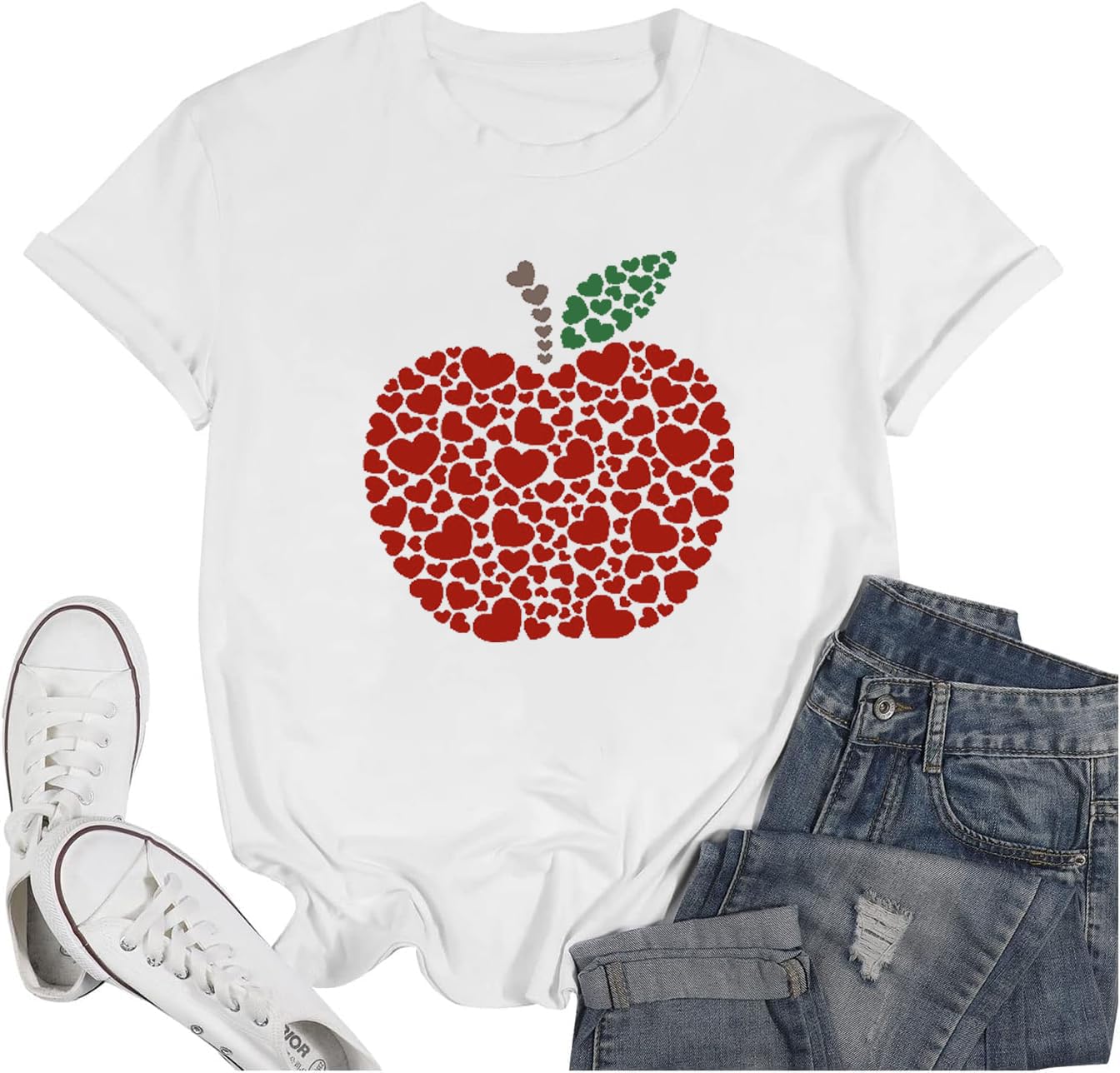 Women Apple Love Print Shirt Heart Graphic Tees Funny Summer Short Sleeve Gift Tops