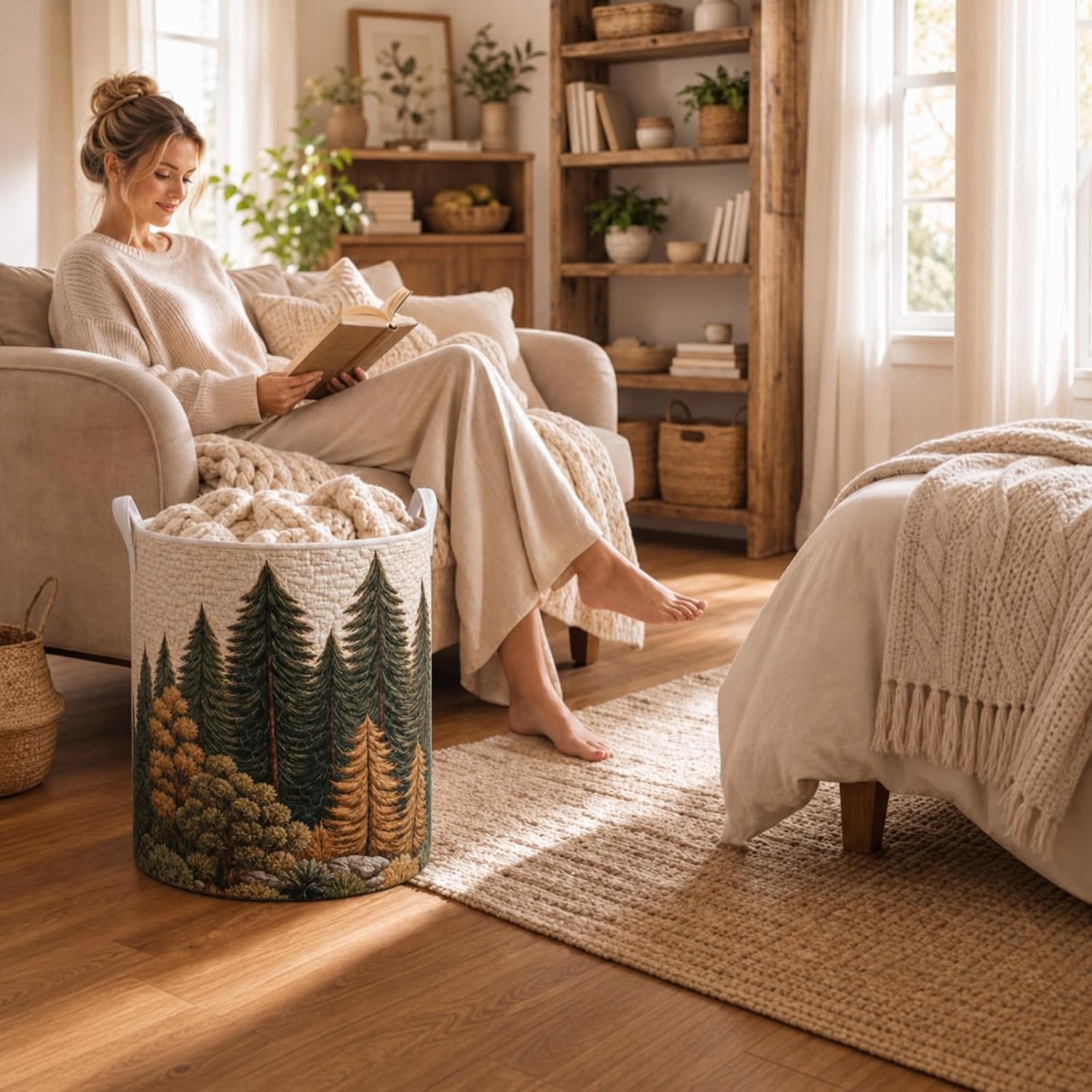 Quilted Laundry Basket with Handles 16" x 22" Rustic Forest Hamper | Large Quilted Soft Storage Basket Farmhouse Cabin Decor for Bedroom Laundry Room Clothes Toys Organizer