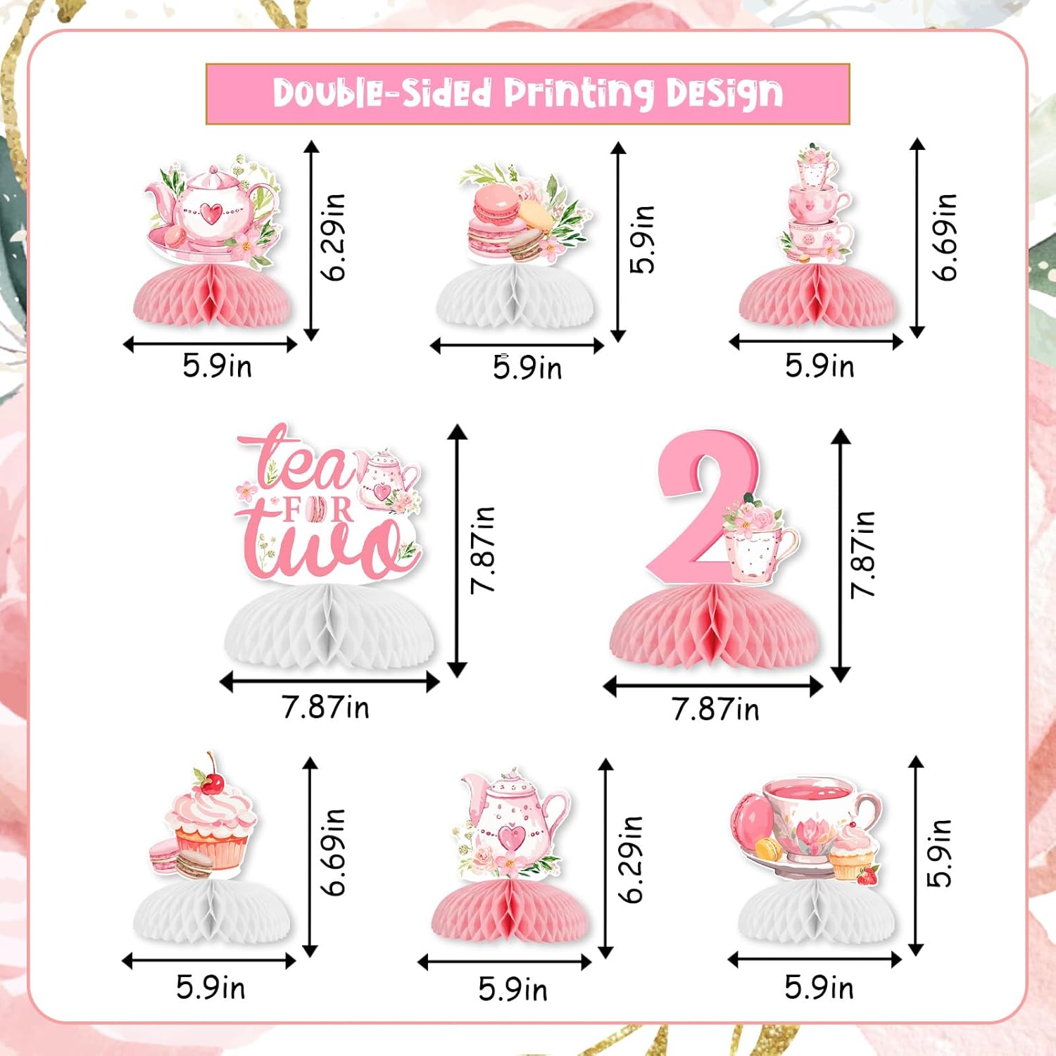 8pcs Tea for Two Birthday Honeycomb Centerpieces Pink Floral Teapot Theme Birthday Party Decorations Tea for Two Bday Table Decoration for Teapot Second Bday Supplies