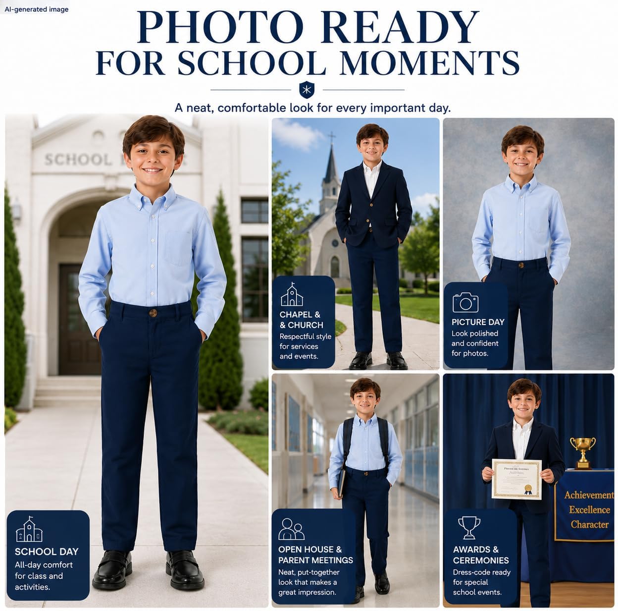 Bienzoe Boys School Uniform Pants: Adjustable Waist Cotton Stretch Slim Flat Front Big Kids Slacks