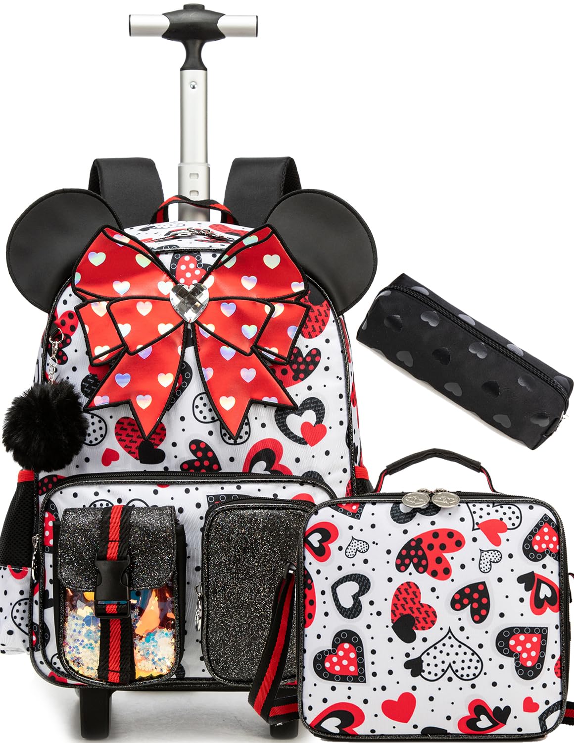 Backpack with Wheels for Girls Rolling Backpack Cute Carry on Backpack Kids Luggage with Lunch Box Pencil Case for Elementary Student