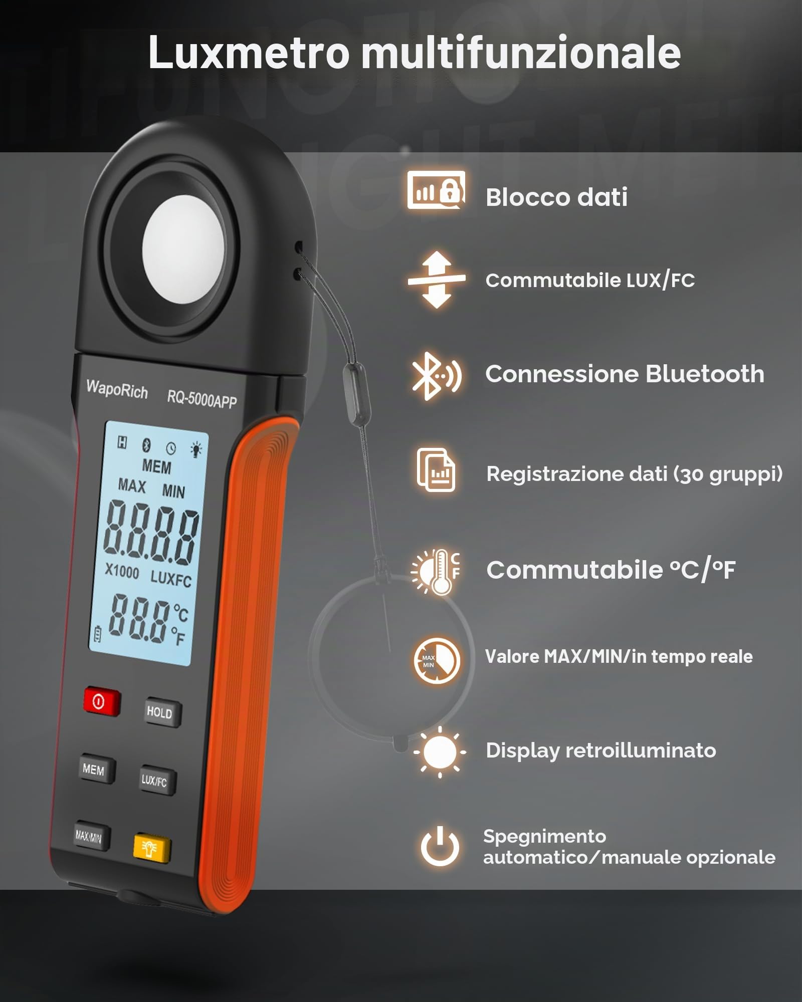 Luxmetro Bluetooth Professionale, WapoRich Misuratore di Luce Digitale Misura 1~400.000 Lux/FC con Temp Ambientale e Schermo Retroilluminato per Piante, Esposimetro Fotografico e Luci LED - RQ-5000APP