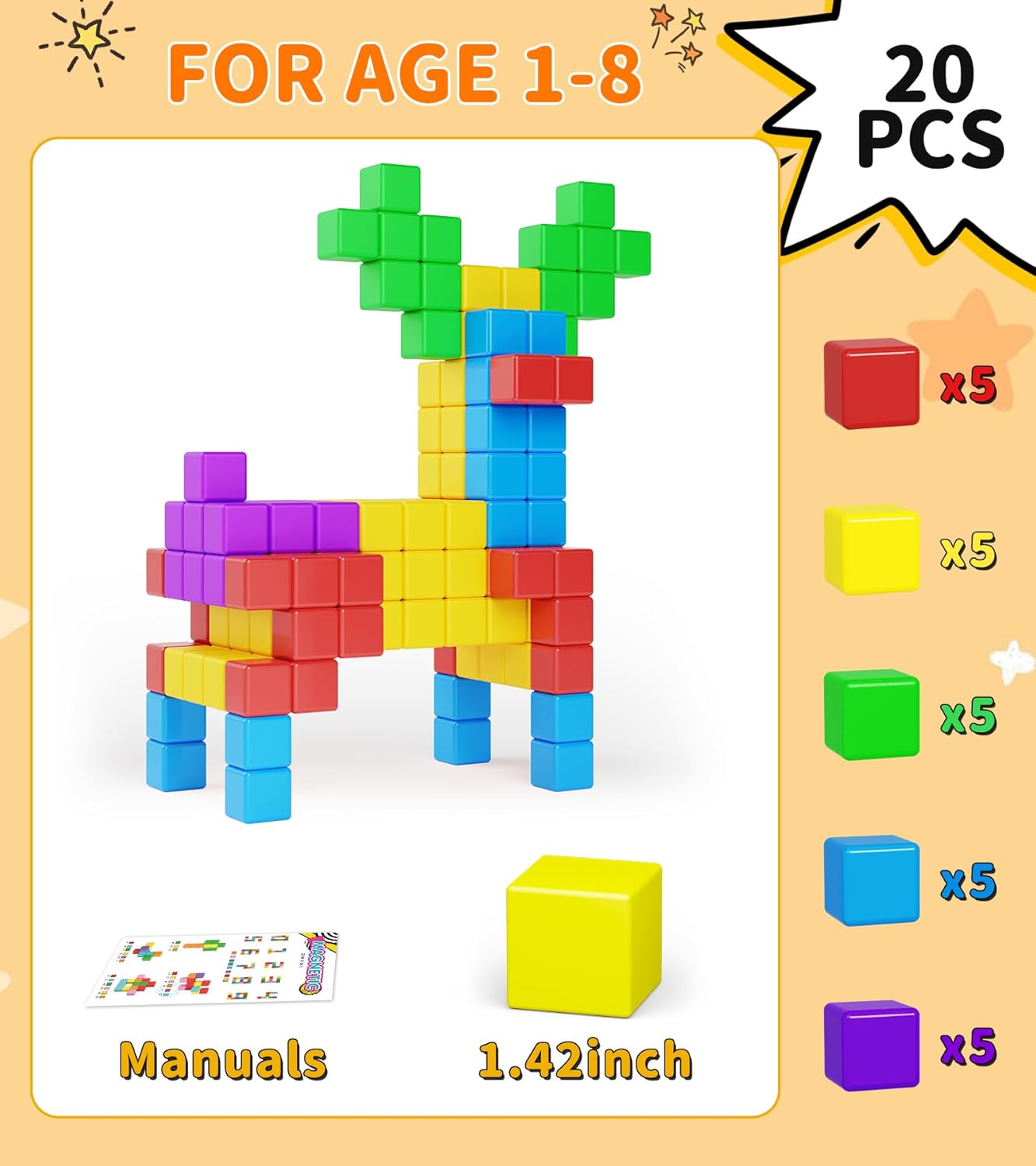 Large Magnetic Blocks Travel,20PCS 1.42in Building Blocks for Toddlers 3-5,Magnet Cubes for Toddlers,Sensory Montessori Toys Sets Learning Construction Squares Stem Toys for Boy,Girl,Kids,Kit,Gift,4-8