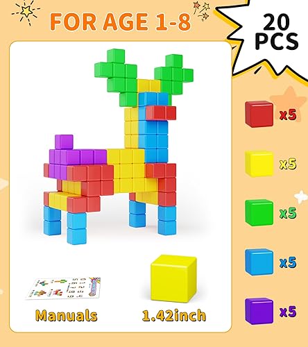 Miniatura 7 de Bloques magnéticos grandes de viaje, 20 bloques de construcción de 1.42 pulgadas para niños pequeños de 3 a 5 años, cubos magnéticos para niños