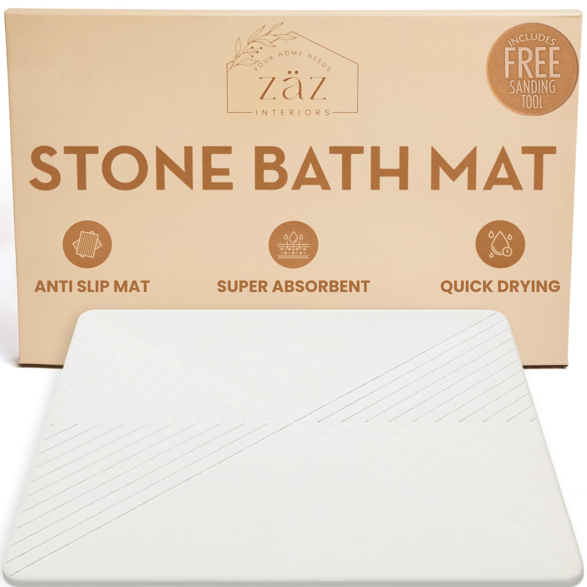 zåz interiors Stone Bath Mat, Diatomaceous Earth Non-Slip Stone Shower Mat - Quick Drying Absorbent Bath Mats for Bathroom, Easy to Clean (23.5 x 15) - Lace White