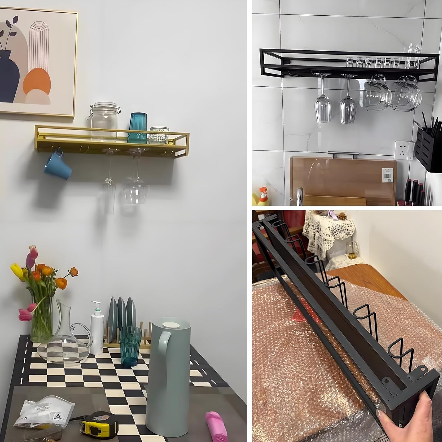 YVYKFZD Wall Mounted Wine Rack, Floating Metal Bar Shelves, Industrial Liquor Bottle Display Shelf with Wine Glass Holder, Large Storage Wine Holder, Space Saving(Gold,60cm/23.6")