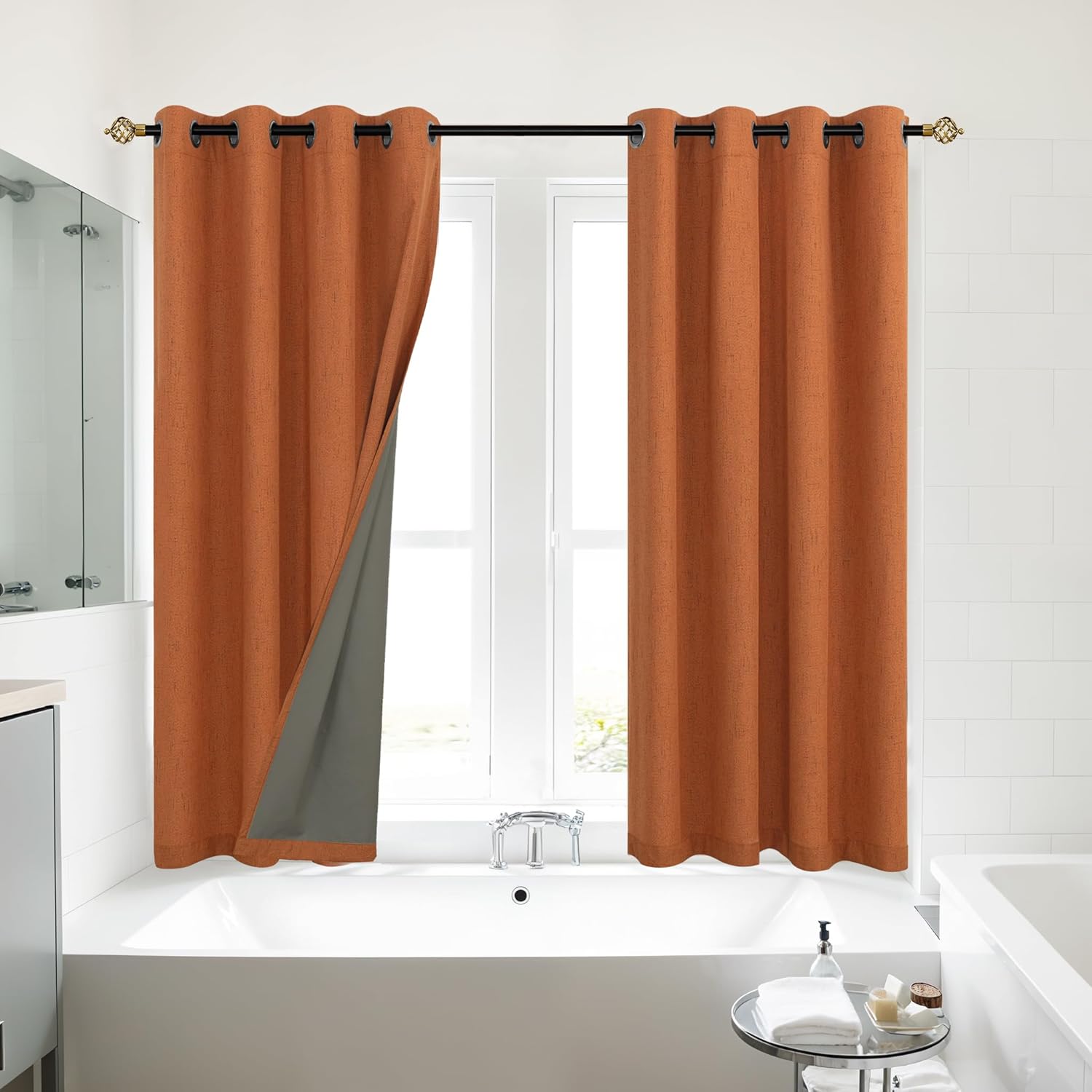 Mrs.Naturall Orange Short Window Curtains for Kitchen, 70s Retro Mid Century Modern Linen Textured Blackout Curtains for Bedroom Bathroom 45 Inch Length, Burnt Orange