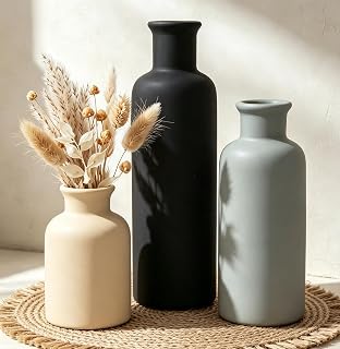 Ceramic Vase Set of 3, Neutral Rustic Vases for Farmhouse Decor Waterproof
