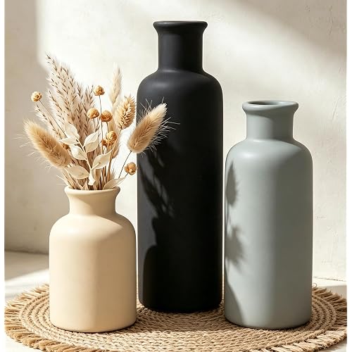 Ceramic Vase Set of 3, Neutral Rustic Vases for Farmhouse Decor Waterproof