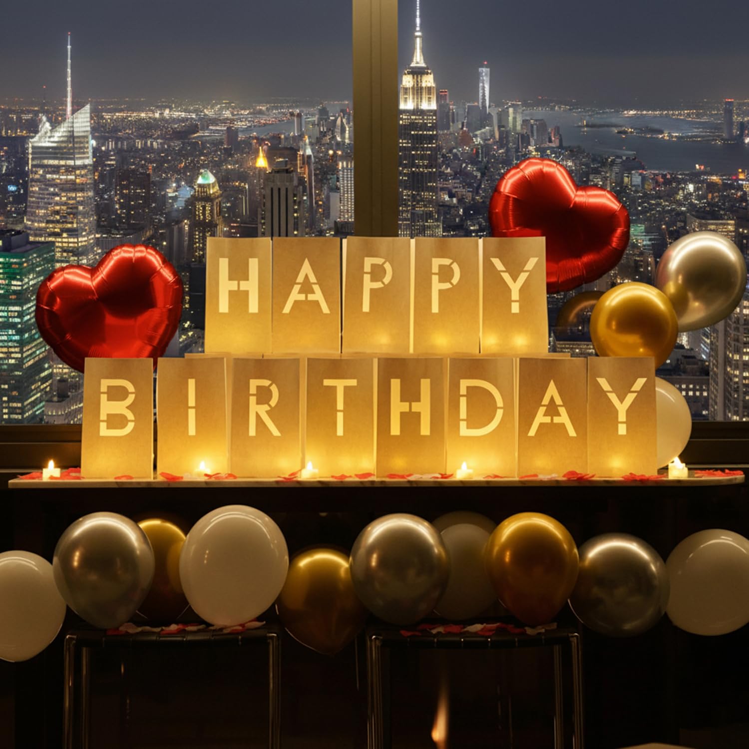 Decoraciones de feliz cumpleaños para mujeres y hombres, juego sorpresa con letras iluminadas, bolsas de papel luminosas, 30 velas LED de té, globos de corazón rojo, 1000 pétalos de rosa