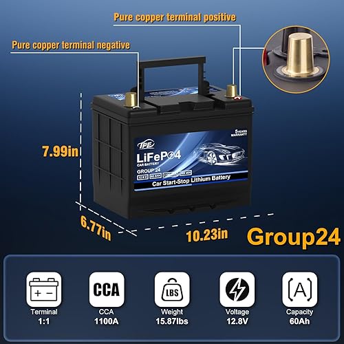 Miniatura 2 de Batería de litio de arranque y parada de coche GROUP 24 12V 60AH batería de coche con 1100CCA - Batería automotriz de alto rendimiento con 60 meses