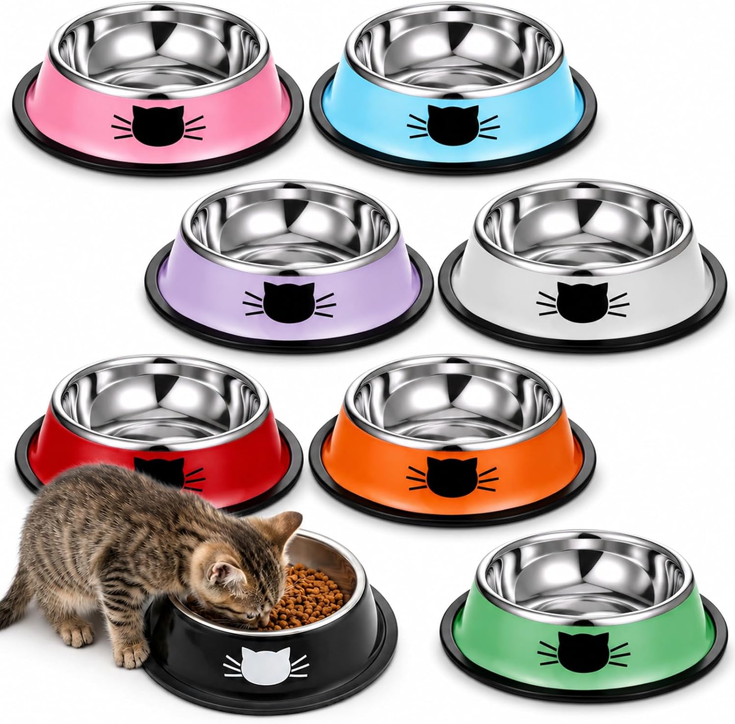 8Pcs Cat Bowls for Food and Water, Stackable Anti-Slip with Rubber Base | Stainless Steel Cat Bowls with Cute Cats Painted Removable Kitten Bowl Thick for Feeding Indoor Kitten Small Dogs(Colorful)