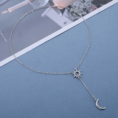 Boho Moon Lariat Necklace Chain Crescent Moon Pendant Necklace Vintage Sun Choker Necklace Sun Moon Y Drop Necklace Jewelry for Women