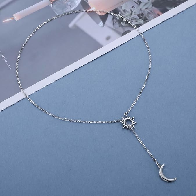 Boho Moon Lariat Necklace Chain Crescent Moon Pendant Necklace Vintage Sun Choker Necklace Sun Moon Y Drop Necklace Jewelry for Women