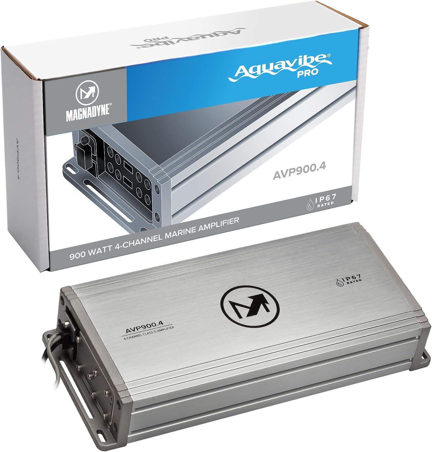 Magnadyne AquaVibe Pro AVP900.4 4-Channel Class D Marine Amplifier, IP67 Wet-Rated, 900W RMS, Boat, Motorcycle, RV, Off-Road Audio with Full Variable Crossover