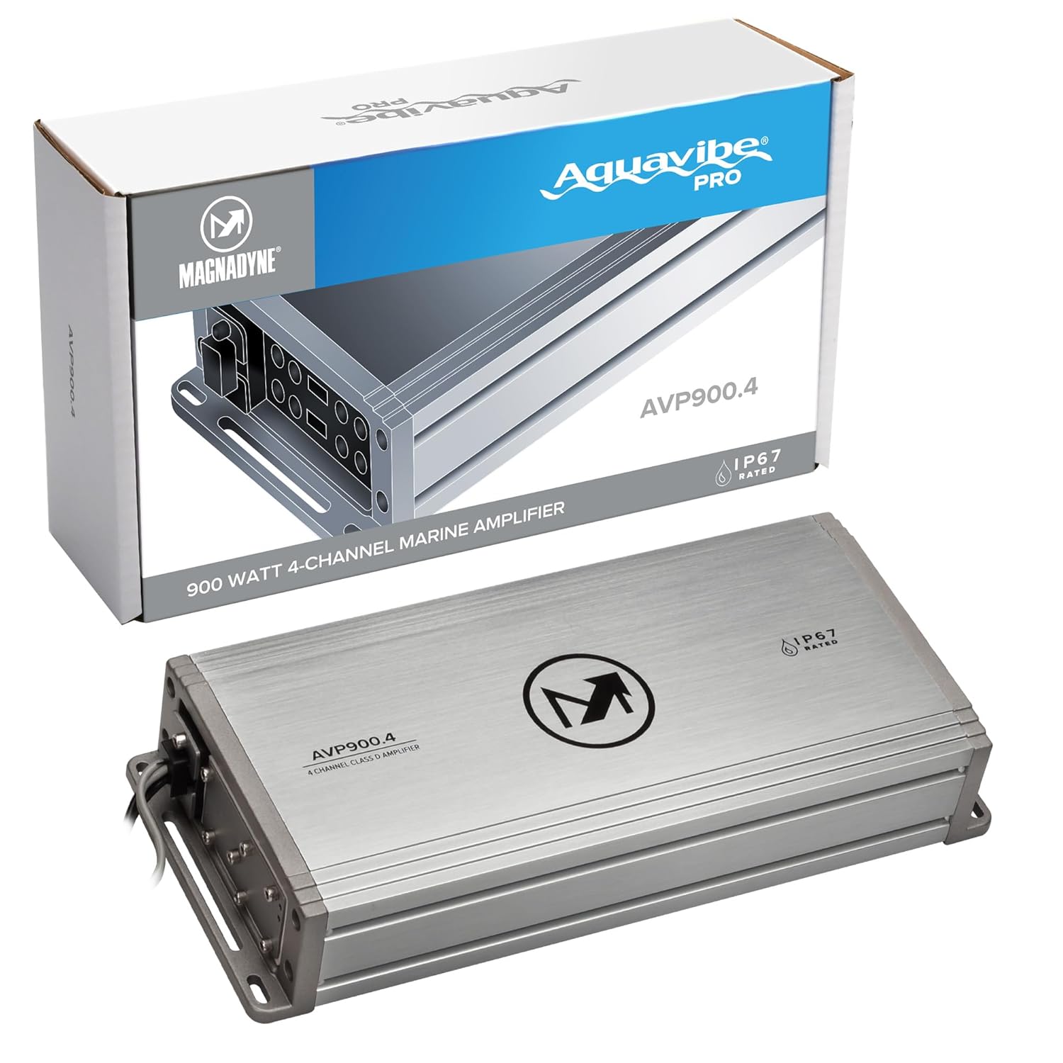 Magnadyne AquaVibe Pro AVP900.4 4-Channel Class D Marine Amplifier, IP67 Wet-Rated, 900W RMS, Boat, Motorcycle, RV, Off-Road Audio with Full Variable Crossover