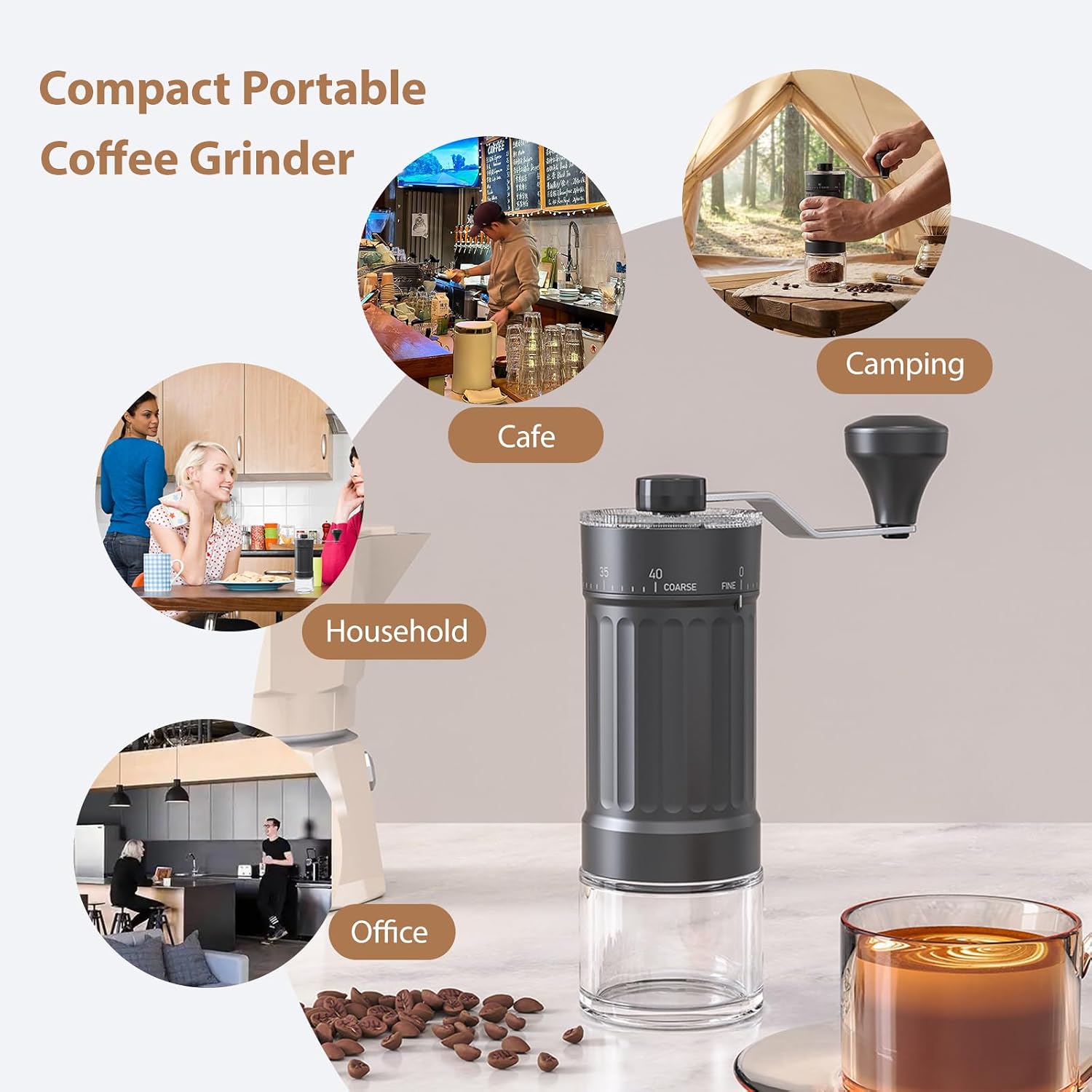 Manual Coffee Grinder, Portable Hand Coffee Bean Mill with 40 Levels External Adjustment, Conical Burr Coffee Grinder with Crank for Travel, Camping, Office, Espresso, Pour Over, etc