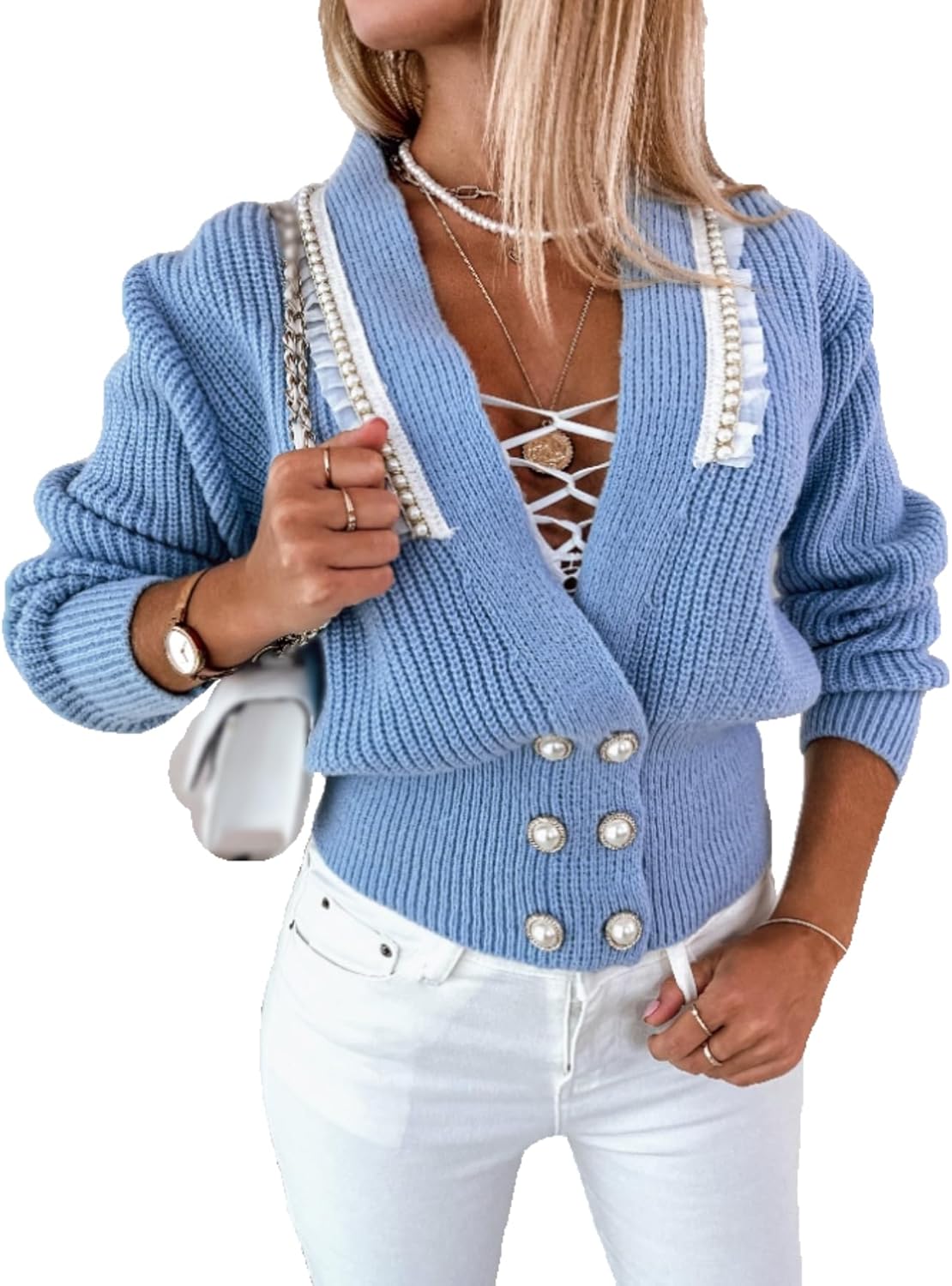 CHICME Cardigan for Women V Neck Long Sleeve Pearl Beaded Knitted Cardigan Sweaters