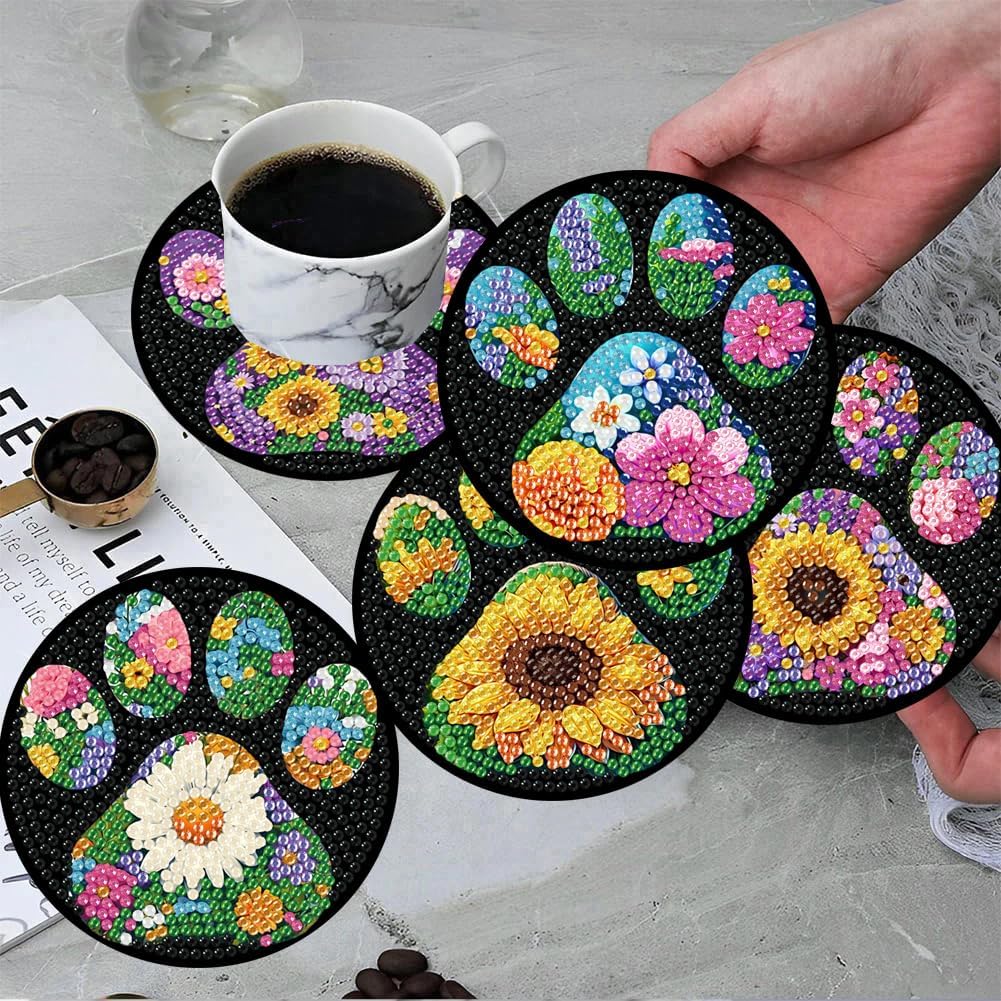 ijbnhd 8 Pack Diamond Art Coasters Kits, Dog Paw Diamond Painting Coasters Kit with Holder, DIY Flowers Diamonds Art Non Slip Coaster Crafts Kits for Adults Gifts 4x4 inch (Cork Wooden Pad)