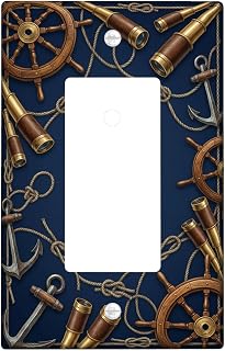 Ship Wheel Single Rocker Light Switch Cover, Nautical Vintage Telescope Anchors Summer Navy Blue Plastic Standard Size Switch Plate Decorative for Home Living Room New Apartment Decor