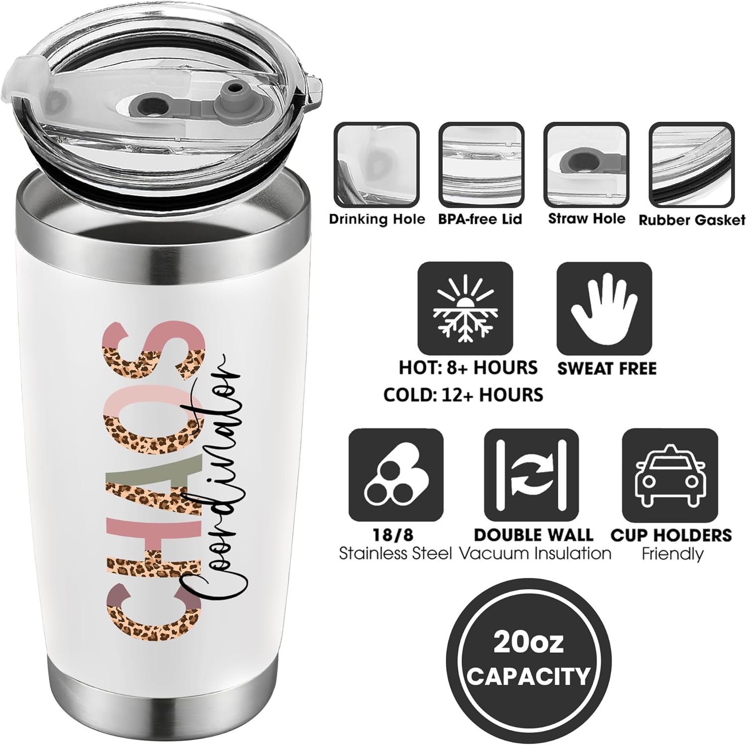 Thank You Gifts for Women, Boss, Coworker, Manager, Office, Assistant, Teacher, Nurse, Mom - Chaos Coordinator Gifts - Boss Lady Gift Ideas for Women - 20 Oz Tumbler with Lid - Image 7