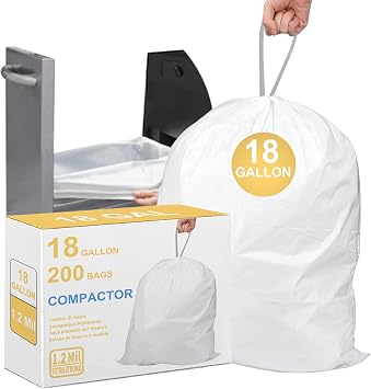 18 Gallon 200 Count Compactor Kitchen Trash Bags Heavy Duty 1.2 Mil THICK Reinforced Drawstring Perfect Fit for 18 Gallon Compatible with Kitchenaid, Whirpool, GE 15 Inch Compactors GRAND SAVE!