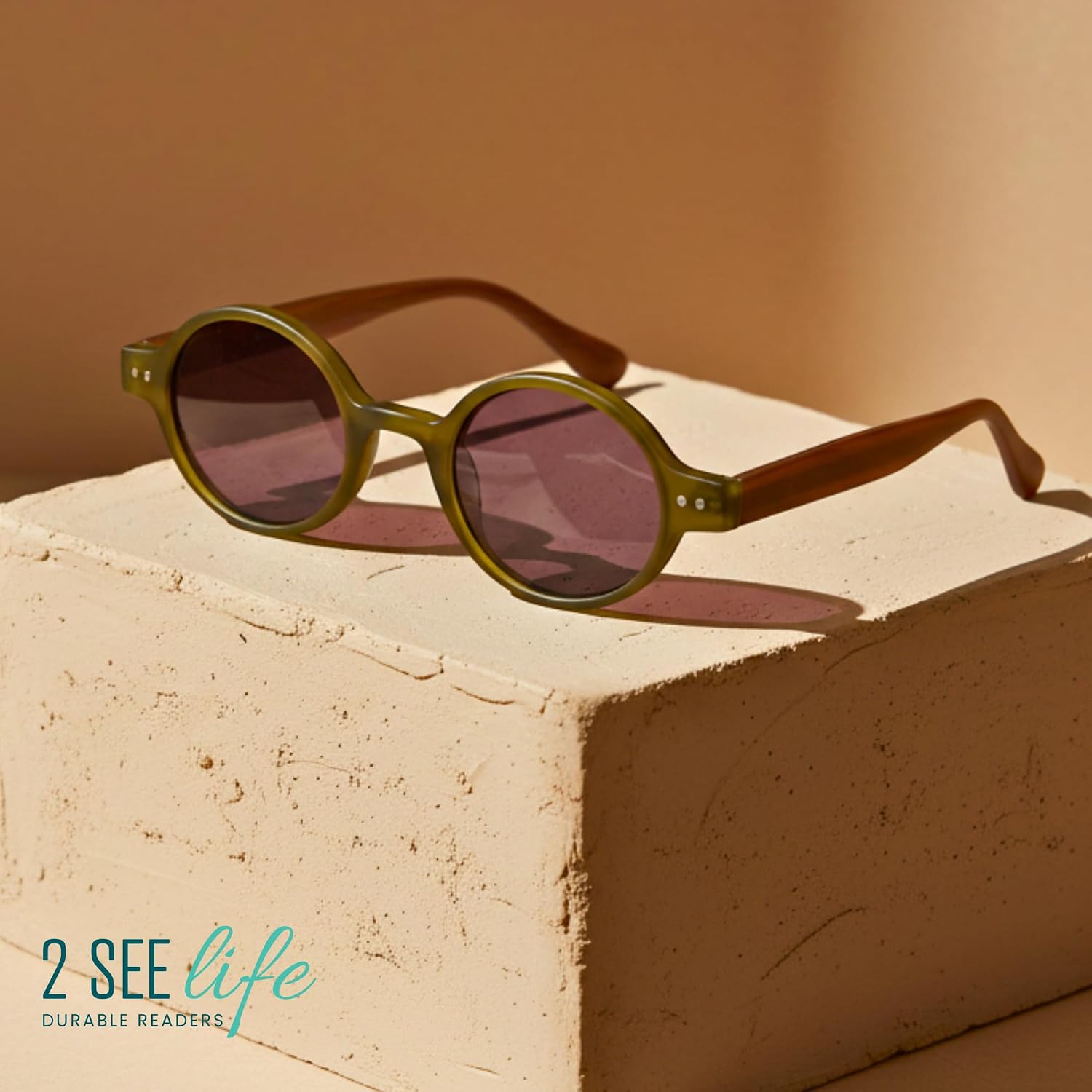 2SeeLife Small Round TR-90 Reading Sunglasses for Men & Women - Narrow-Medium Fit, Sturdy Frame, Spring Hinges, Retro Sun Readers, Green, +1.50