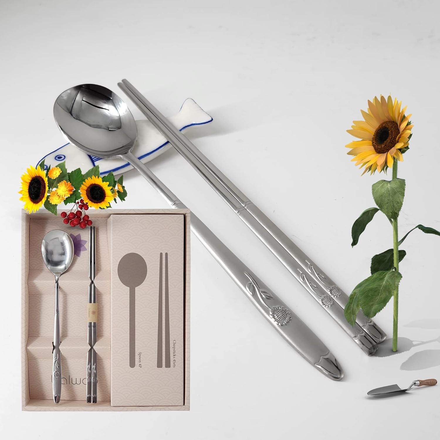 [5 Sets][Made in Korea] Sticky Korean Style Rice Spoon Chopsticks Set 430 Stainless Steel Soup Spoon Ramen Noodle Chopsticks Flatware (Sunflower)