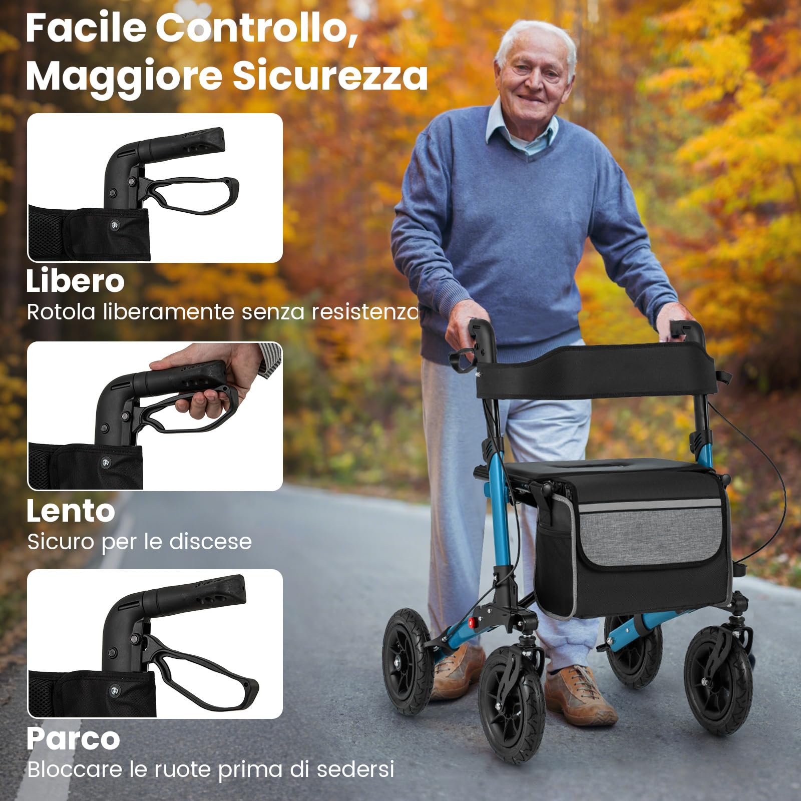 COSTWAY Deambulatore Pieghevole per Anziani in Alluminio, Rollator Regolabile in Altezza con Seduta, Schienale e Freni, Girello per Anziani con Borsetta, Carico Massimo 140 kg (Blu)