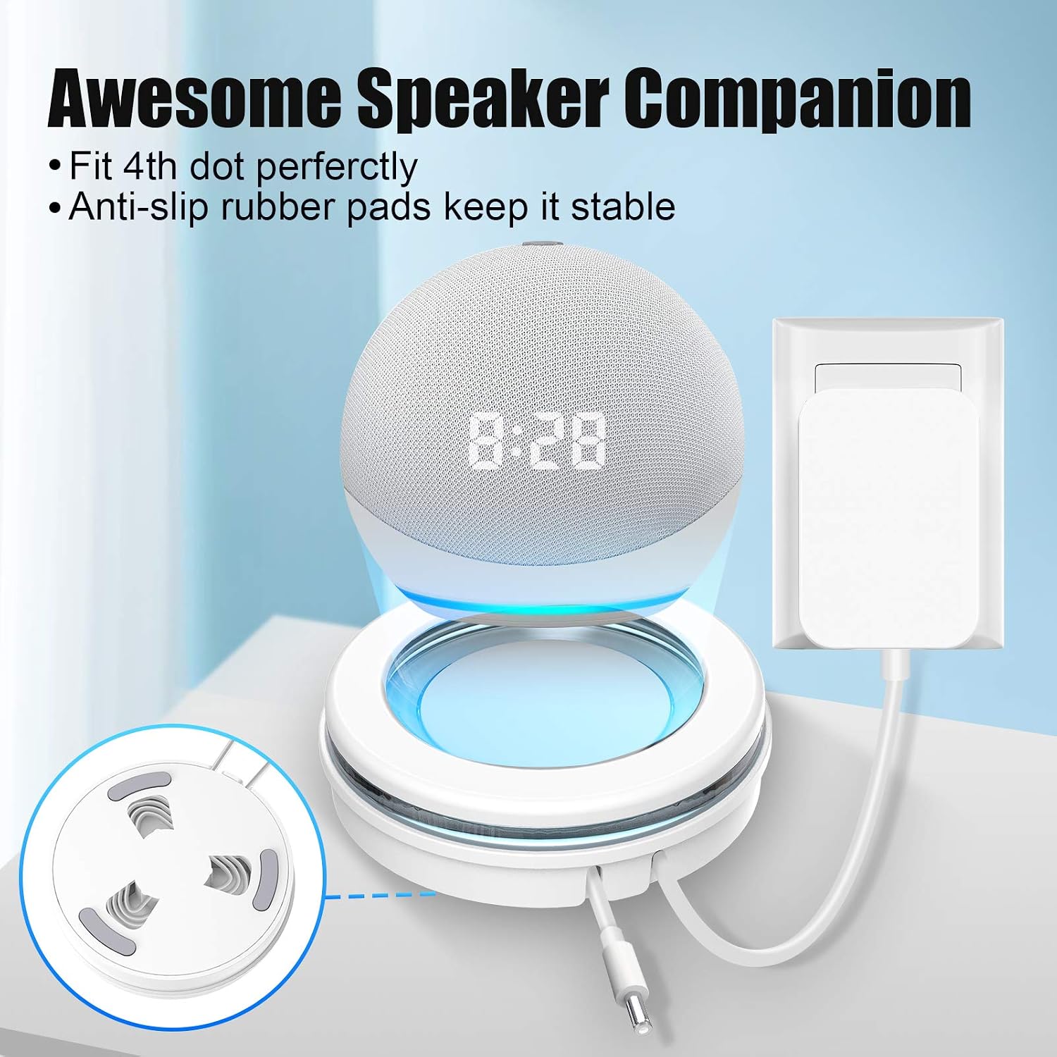 Co-coda-MA Table Holder for Echo Dot 4th Generation, Clever Desktop Stand Mount Bracket Cradle with Built in Cord Storage & Light Guide, Make Dot More Noticeable - White