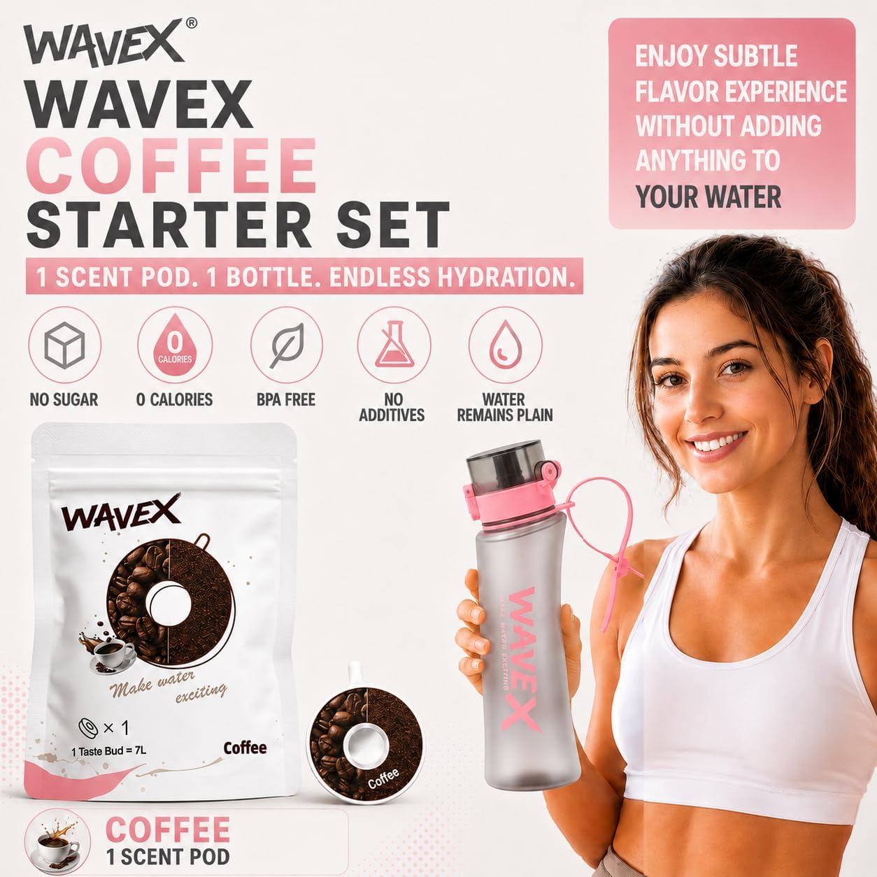 Wavex Scented Water Bottle, Includes 1 Replaceable Coffee Aroma Scent Pod, Flip Top Leak-Proof Lid, Straw & Carry Strap Included, Subtle Flavor Experience, No Sugar or Calories, (600ml, Pink)