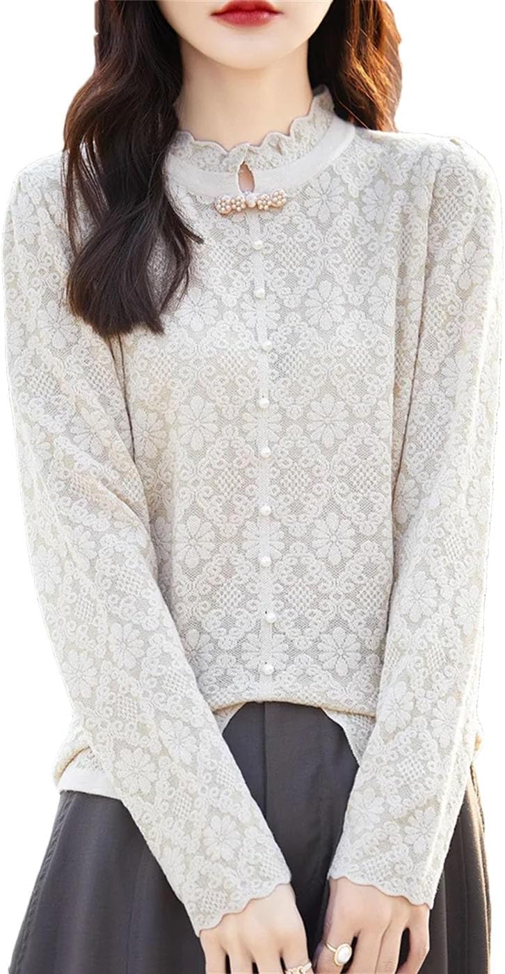 Women's Spring Wool Lace Mock Neck Sweater Fashion Flower Chinese Style Loose Button Long Sleeve Knit Pullover