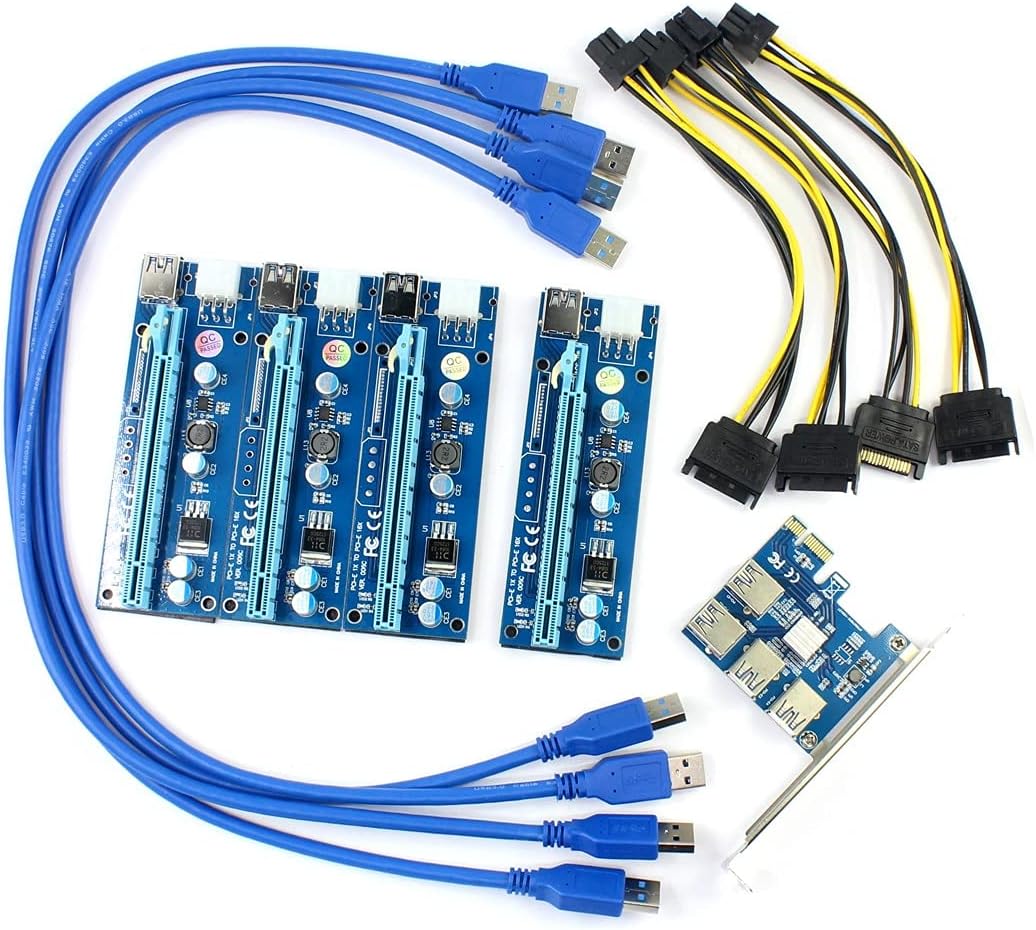 Pcie Riser Card 1X to 4X with PCIE Riser 1X to 16X Express Adapter Set, USB 3.0 for Litecoin Mining Ethereum Bitcoin Crypto Coins Miner PCI Slot Extension GPU Riser