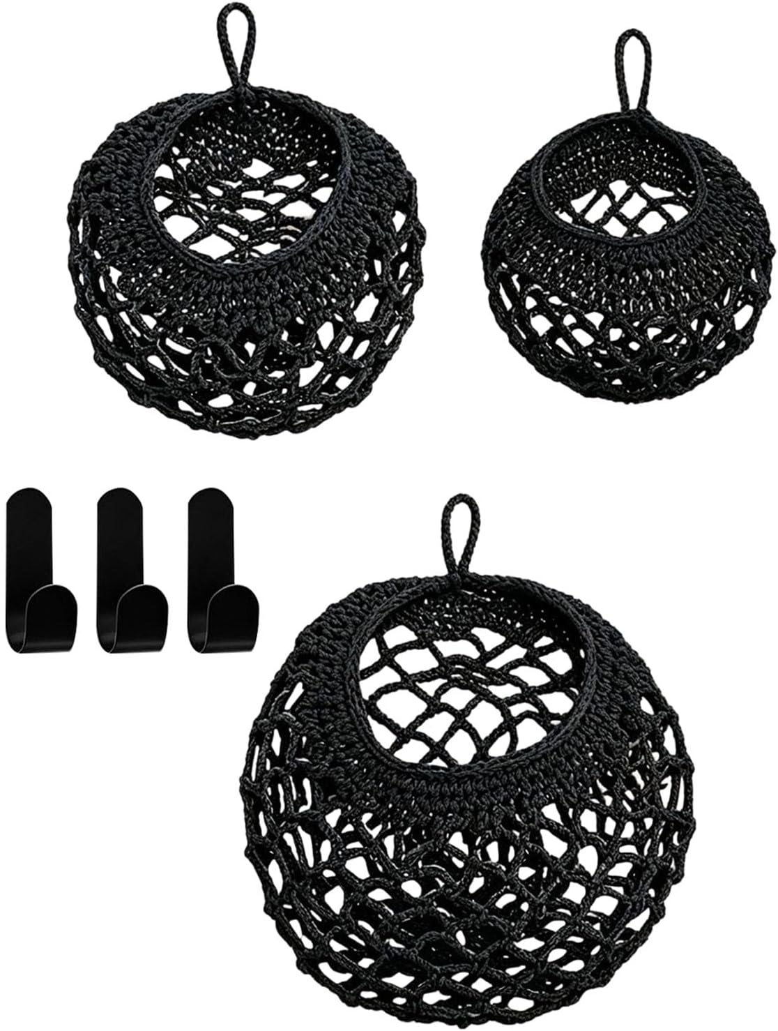 Wall Storage Basket Set, Black | Cotton Rope Teardrop Organizer for Bedroom Entryway Living Room Decor and Daily Essentials