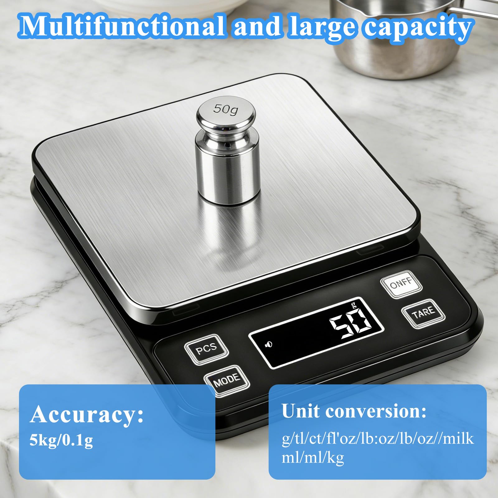 Báscula digital impermeable completa IP67,5 kg de capacidad, 0,1 g, precisión de 0,1 g, báscula de cocina con función de tara de carga tipo C, plataforma de acero inoxidable para hornear mariscos