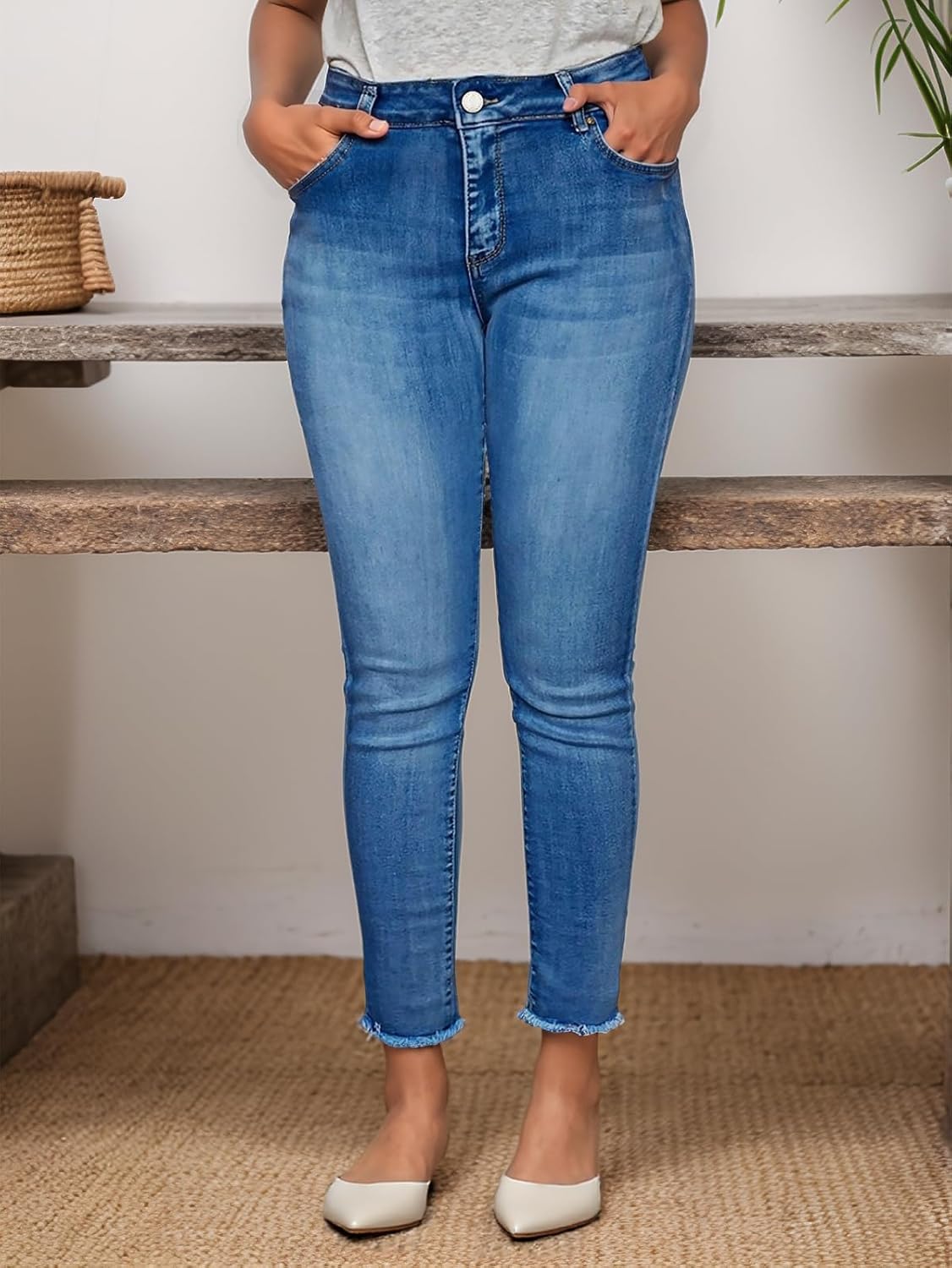 Flamingals Women's High Waist Skinny Jeans Butt Lifting Raw Hem Hollow Out Bow Tie Denim Pants