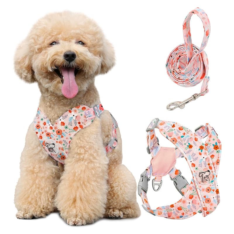Peitoral vest ajustável para cães com guia, estrutura X e estampa floral Pawaboo Pink Flowers tamanho M