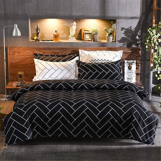 Ouduo Bedding Sets for Single Double King Size Bed,Nordic Style Soft Microfiber Duvet Cover Sets with Quilt Cover & Pillowcases for Adult Teenager Girls Boys (Black Geometry,135x200cm-2 Pieces)