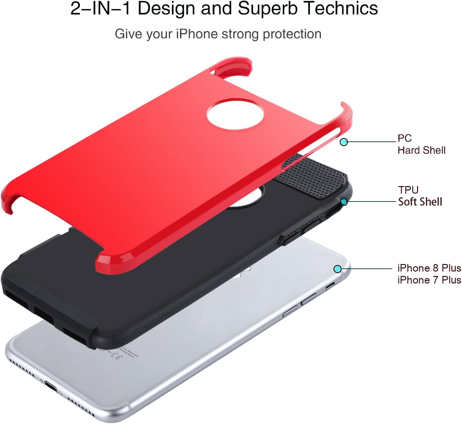 iPhone 8 Plus Case, iPhone 7 Plus Case, BENTOBEN Shockproof Slim 2 In 1 Hybrid Hard PC Cover Soft TPU Bumper Anti Scratch Full-Body Protective Phone Case for iPhone 7 Plus/iPhone 8 Plus(5.5 Inch), Red