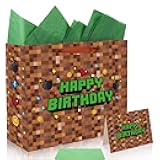 SAVITA Pixel Party Favors Bags, Pixel Theme Goodie Gift Bags Green and Brown Video Game Party Birthday Decorations with Greeting Card & Envelope for Candy Goody Treat Supplies Kids Bday Gifting