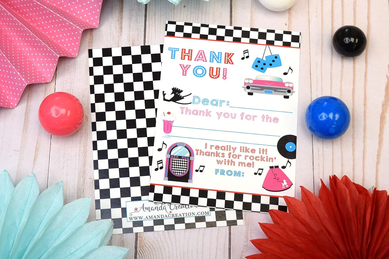 50's Sock Hop Themed Thank You Notes for Kids, 10 4" X 5.5" Fill in the Blank Cards with 10 White Envelopes by AmandaCreation