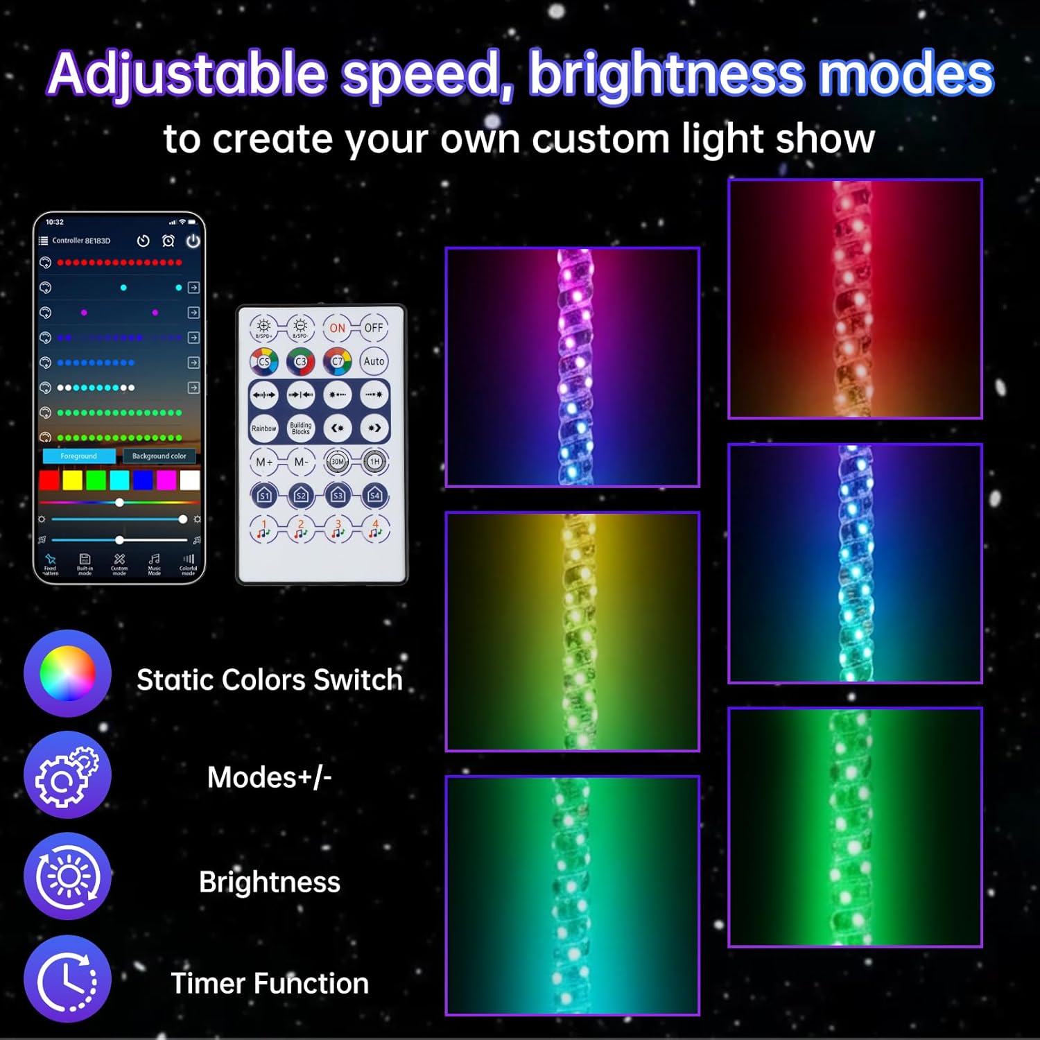 2pcs 3FT RGB LED Light Whips with App & Remote Control & Music Synced Waterproof LED Whip Light with 2 Flags, RGB Chasing Lighted Whips with Rocker Switch for UTV ATV Polaris RZR Can-Am