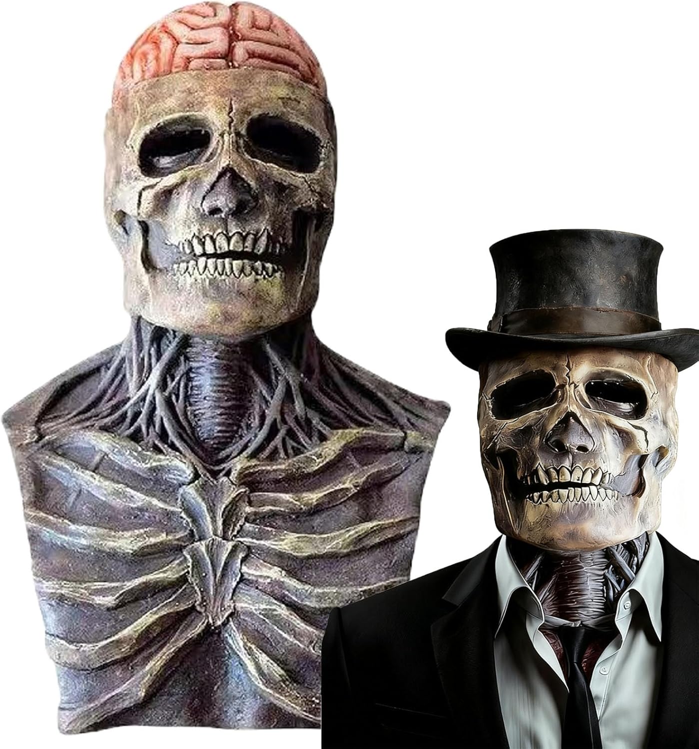 Halloween Skull Mask Scary Full Head Skeleton Masks with Movable Jaw，Creepy Biochemical Bare Brain Mask for Halloween Costume Party(without Hat)