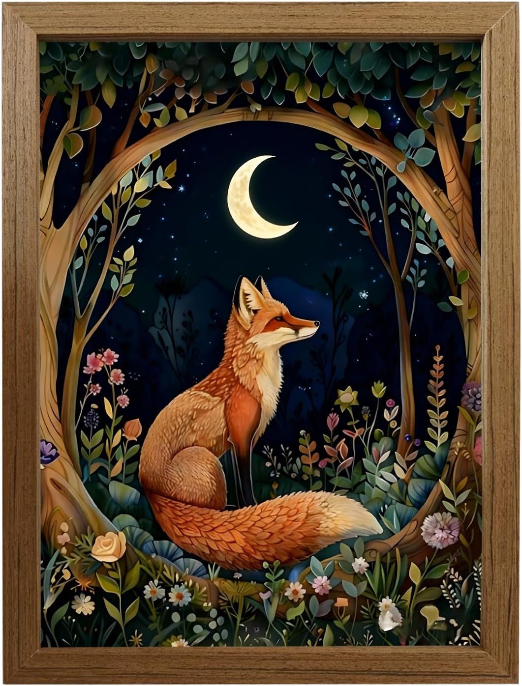 Fox Wall Art 16x12 Inch Framed Canvas – Whimsical Woodland Animal Artwork with Moon, Cute Fox Wooden Frame Wall Decor for Bedroom, Nursery, Living Room